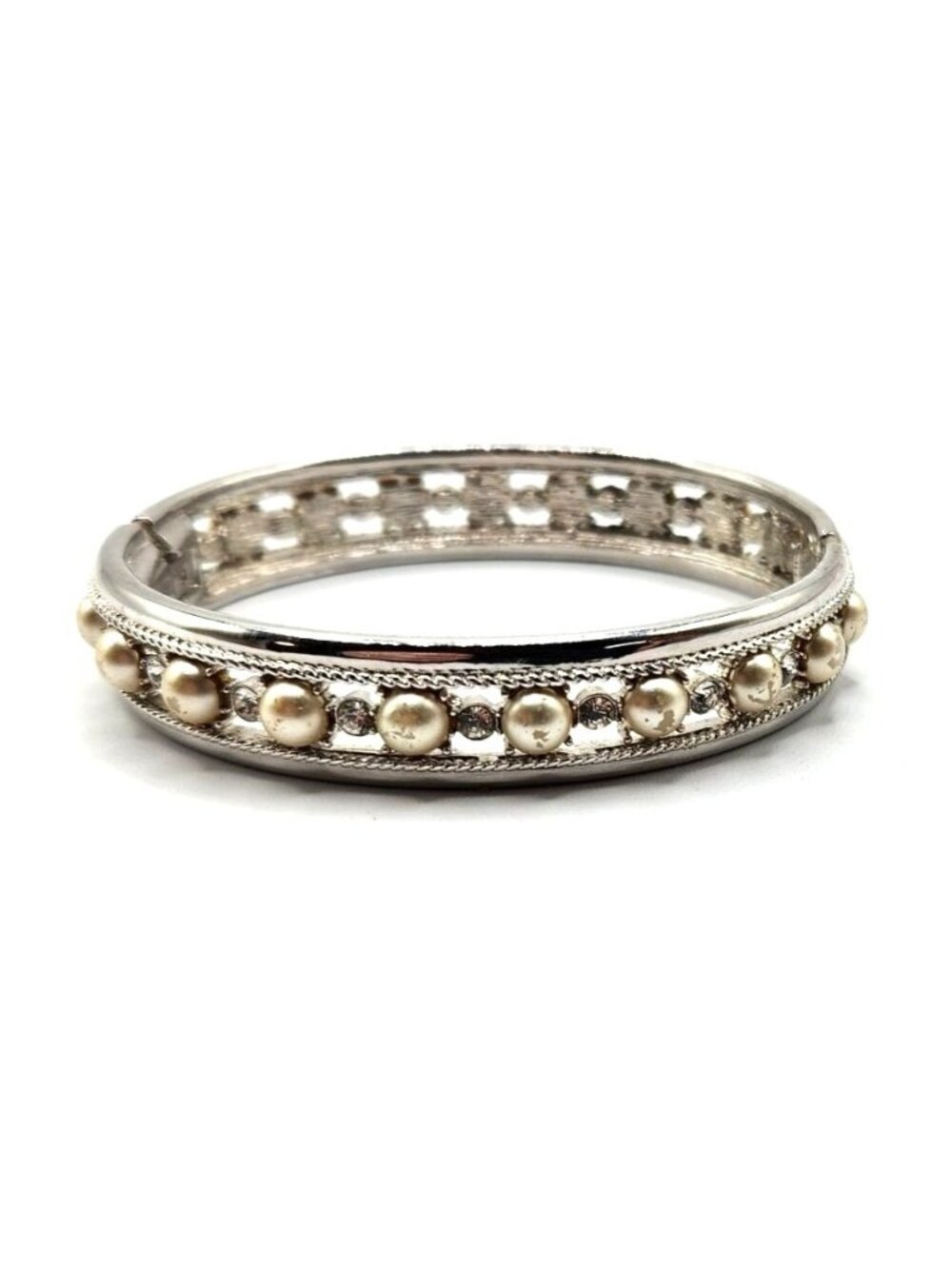 Hinged Bangle Bracelet - Silver Tone Metal Bead Accent